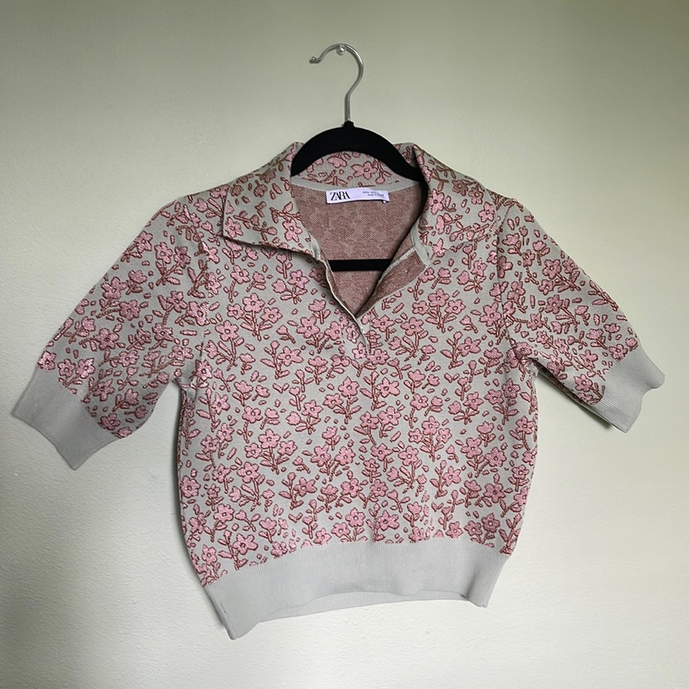 ‘Zara’ Green and Pink Floral Polo Shirt